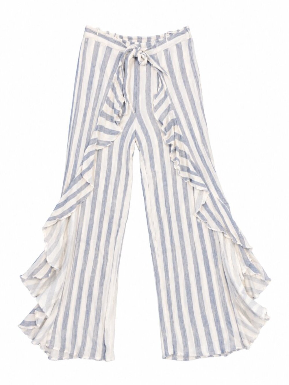 Luxxel Blue & White Striped Ruffle Wide Leg Pants Size Medium Boho Beach Resort